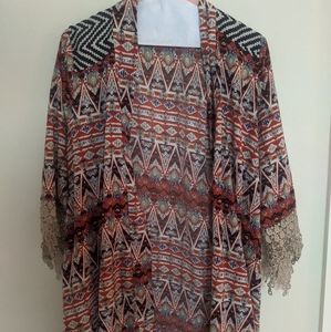 Tribal Print Half Kimono with Lace Detail Sleeves